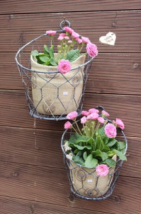 Keramik Blumentöpfe mit Korb und Primeln